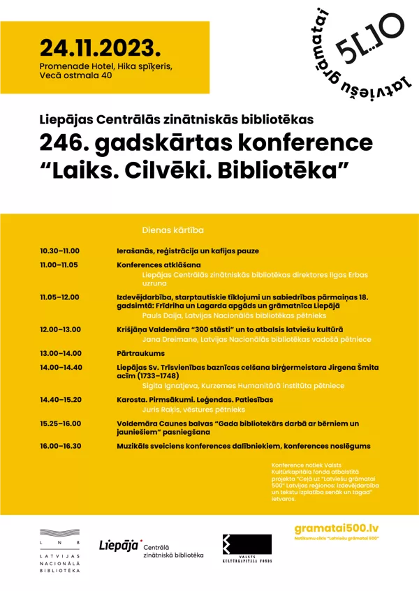 Liepājas Centrālās zinātniskās bibliotēkas 246.gadskārtas konference "LAIKS.CILVĒKI. BIBLIOTĒKA". 2023.gads.