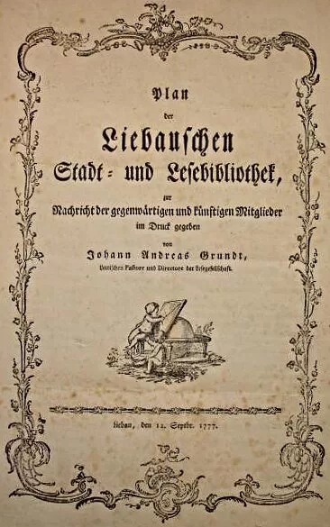 Liepājas pilsētas un lasīšanas bibliotēkas apstiprināto statūtu vāks (1777.gads)